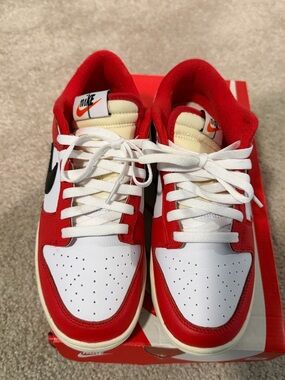 Nike White and Red Low-Top Dunks with Black Swoosh “Chicago Split”